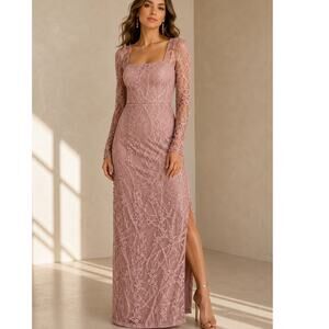 NEW JS COLLECTIONS Formal Dress 6 Lace Column Gown Long Maxi Mauve Square Neck